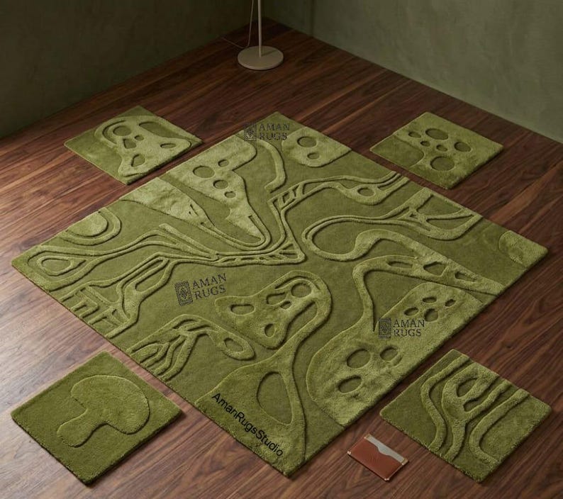 Large olive green abstract rug 9x12 modern New Zealand wool hand carved thick plush carpet 8x10 10x14 available