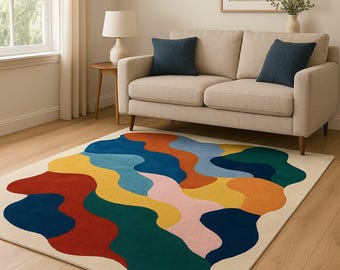 Modern Abstract Colorful Wool Rug 4x6 Hand-Tufted Geometric Area Carpet 5x8 for Living Room 6x9 Multicolor Contemporary Home Decor 8x10 9x12