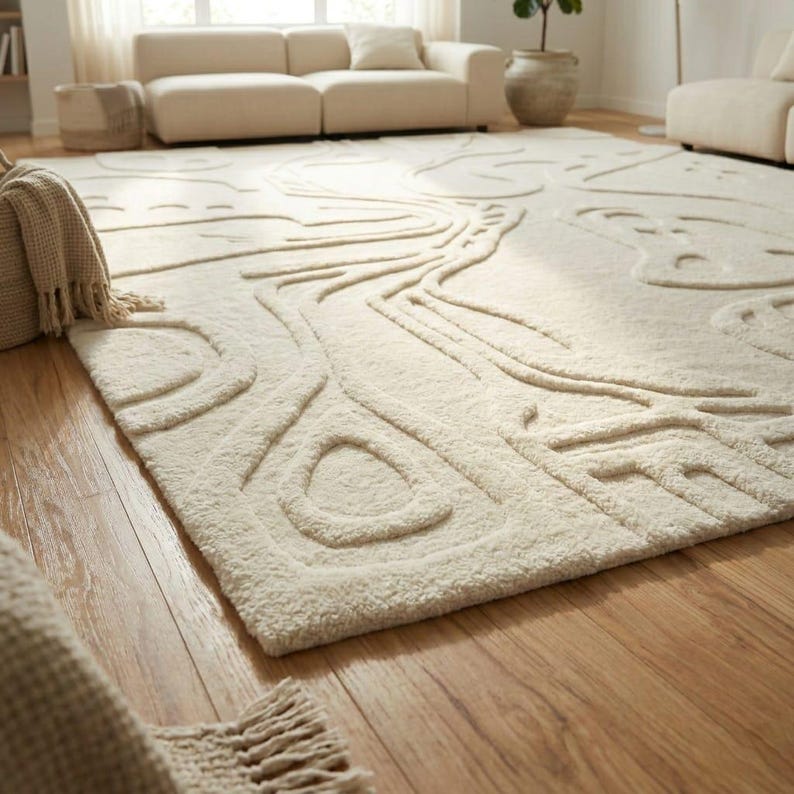 Ivory hand tufted wool rug 8x10 contemporary abstract area rug luxury New Zealand wool 5x7 6x9 9x12 10x14