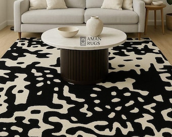 Modern Black and White Abstract Rug 3x5 Hand Tufted Wool Carpet 5x7 Minimalist Living Room Area Rug 6x9 Contemporary Art Decor Rug 8x10 9x12