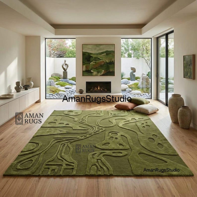 Large olive green abstract rug 9x12 modern New Zealand wool hand carved thick plush carpet 8x10 10x14 available