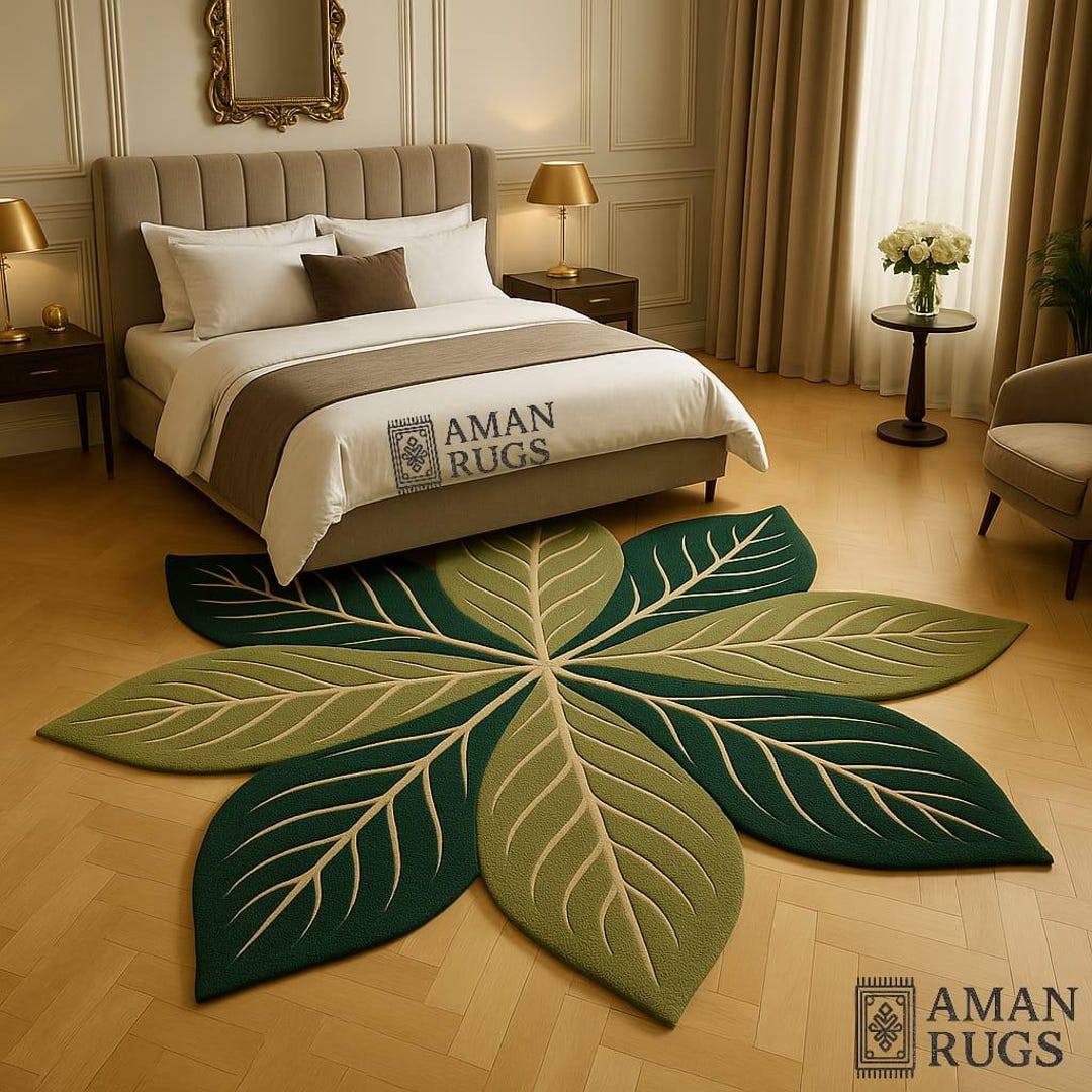 Leafy Handmade Rug Leaf Shaped Wool Rug 3x3 5x5 Green Botanical Carpet 6x6 Hand Tufted ...