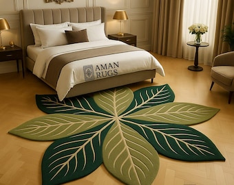 Tapete de lã em formato de folha 3x3 5x5 Tapete botânico verde 6x6 Tapete floral tufado à mão 8x8 Decoração de quarto inspirada na natureza 9x9 Design moderno de folha