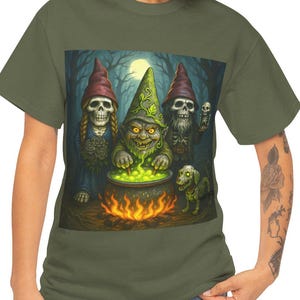 Zombie Gnome Halloween T-Shirt haunted Forest Cauldron Scene with Skeleton Gnomes, Zombie Dog, Spooky Fantasy Horror Tee