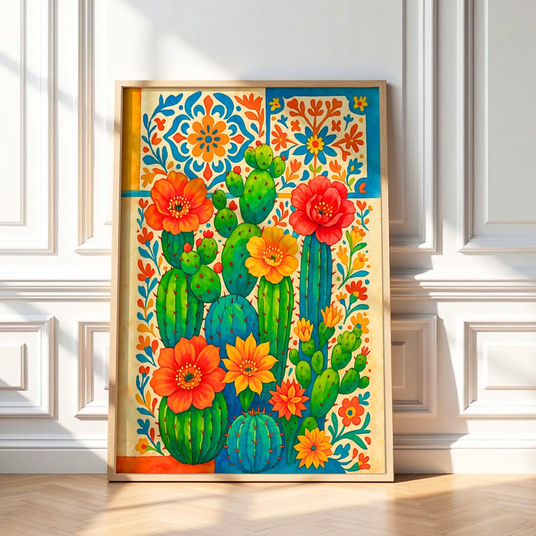 Vibrant Cactus and Floral Poster – Mexican Wall Art Print for Boho ...