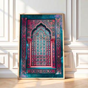Pink Islamic Wall Art – Sacred Geometry Mosque Poster, Blue Arabic Decor, Ramadan Decor