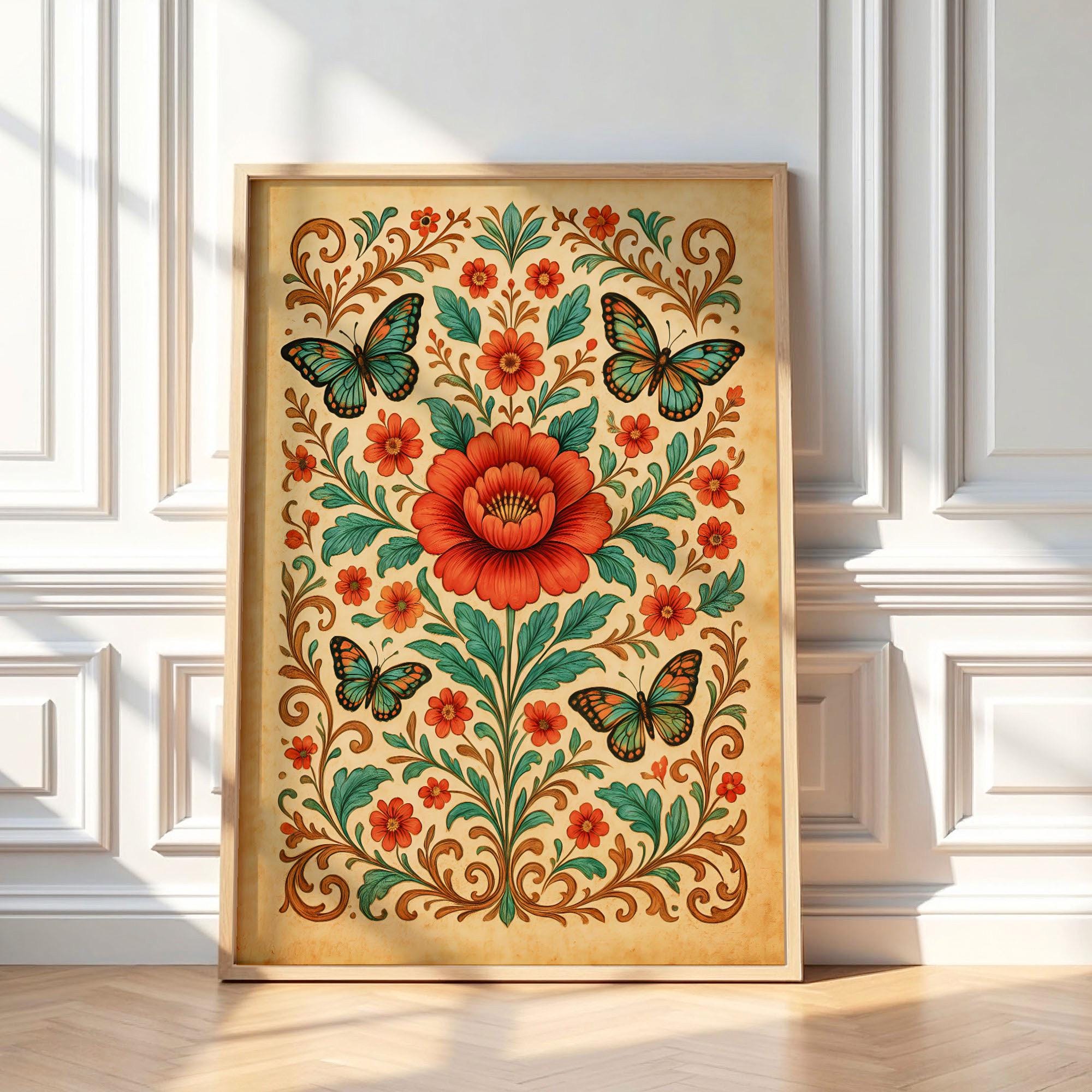 Colorful Mexican Folk Art Print – Red Flower Poster, Otomi Style ...