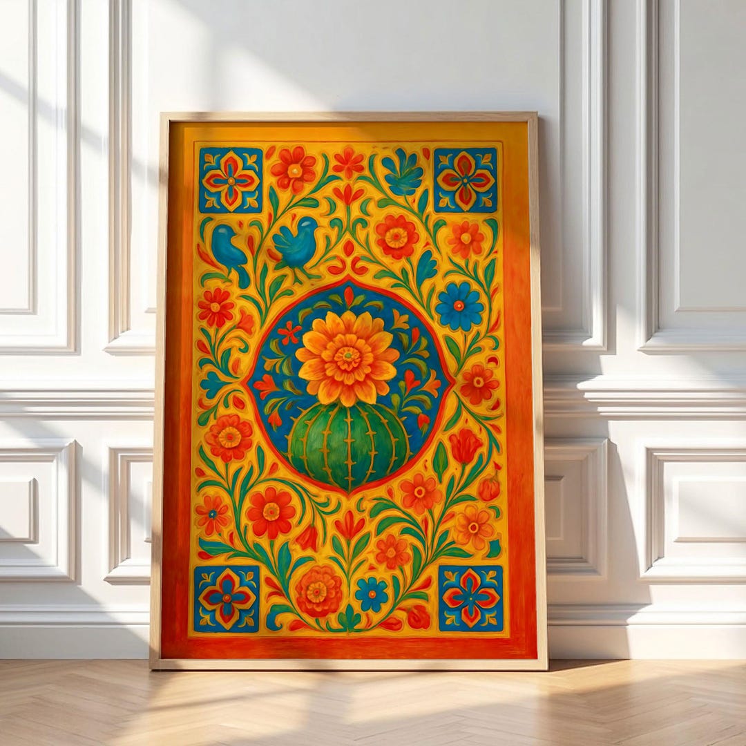Mexican Folk Art Poster – Cactus and Bird Boho Wall Print - Etsy