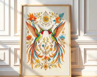Hummingbird Wall Art – Botanical Watercolor Print Inspired by Mexican Folk Art