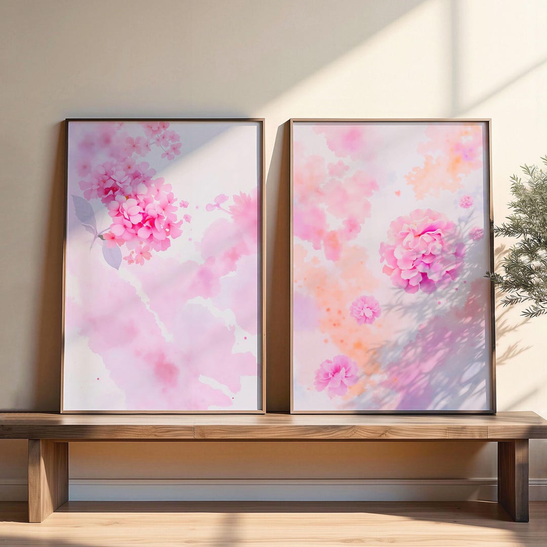 Hydrangea Wall Art Set, Pink Watercolor Botanical Prints (unframed) - Etsy