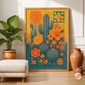 Vintage Mexican Folk Art Poster: Talavera Cactus Print
