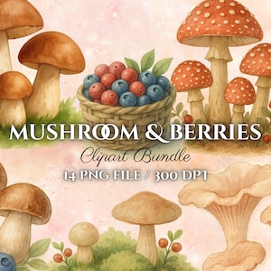 Watercolor Mushroom Clipart Bundle: Fall Forest Berries PNG (Digital Download)
