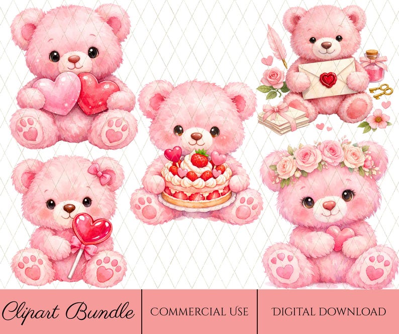 Pink Teddy Bear Clipart Bundle | Cute Valentine Bear PNG, Romantic Bear ...