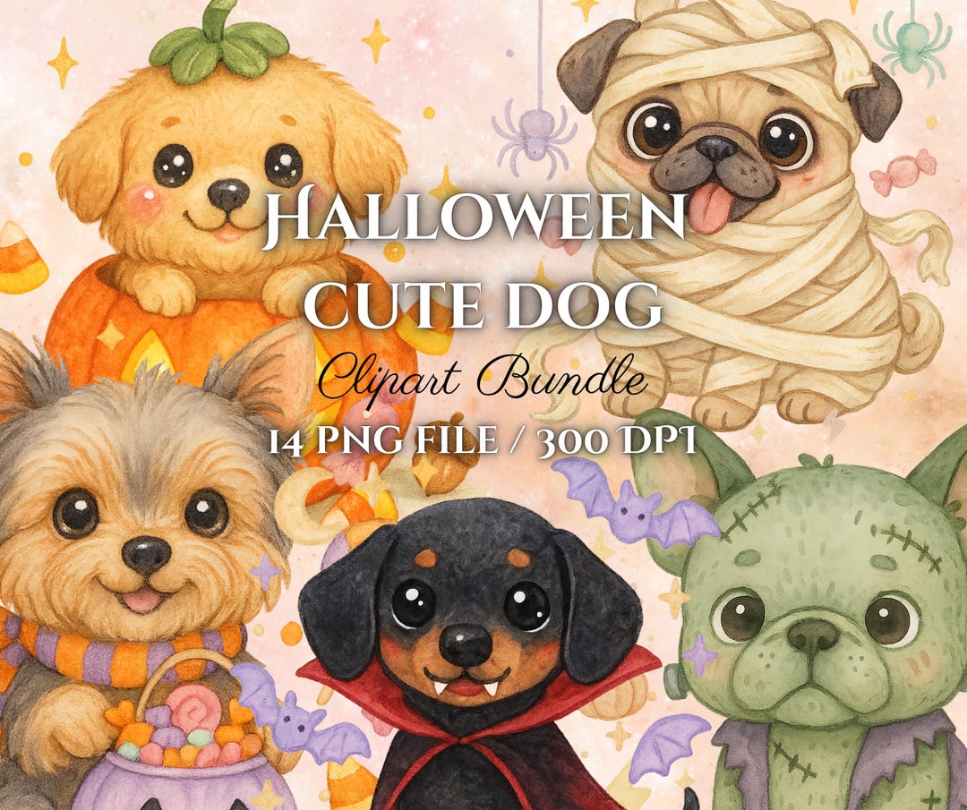Halloween Dog Clipart Bundle | Cute Puppy Costume PNG, Kawaii Pet Clip ...
