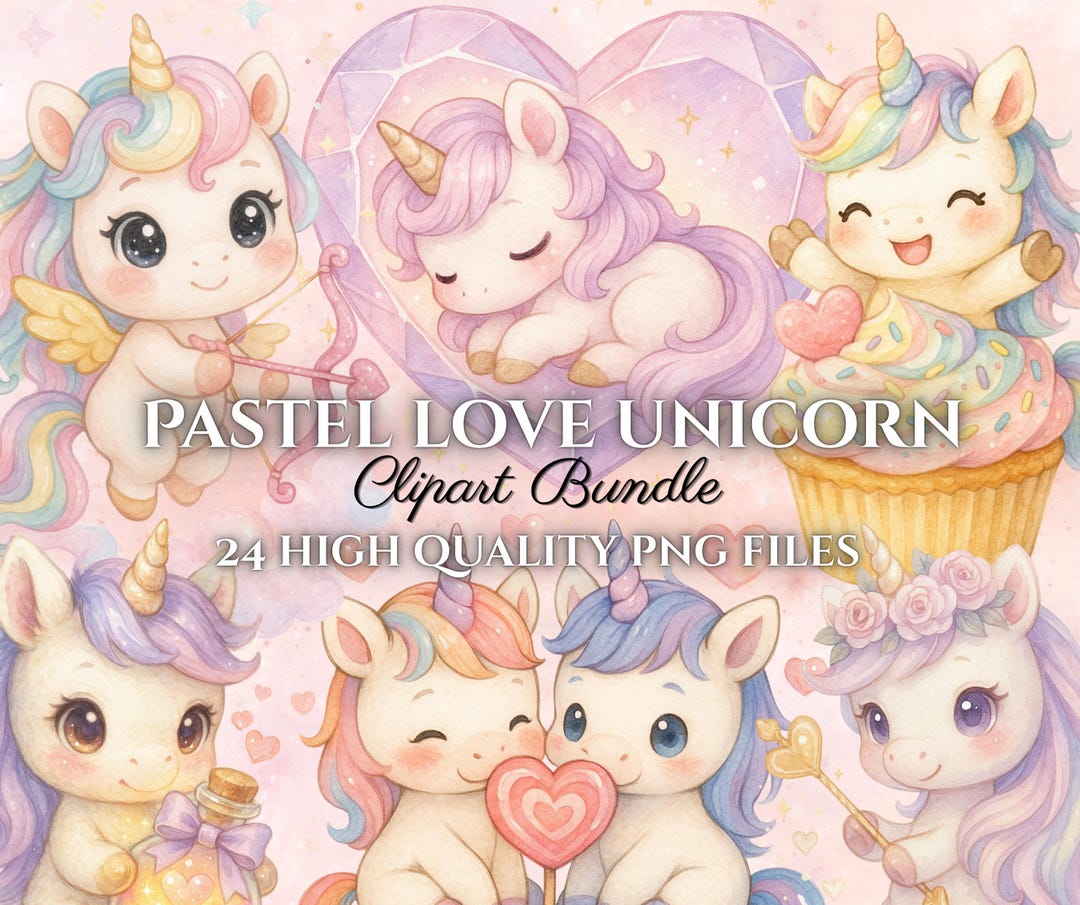 Pastel Unicorn Clipart Bundle | Kawaii Watercolor PNG, Valentine's Day ...