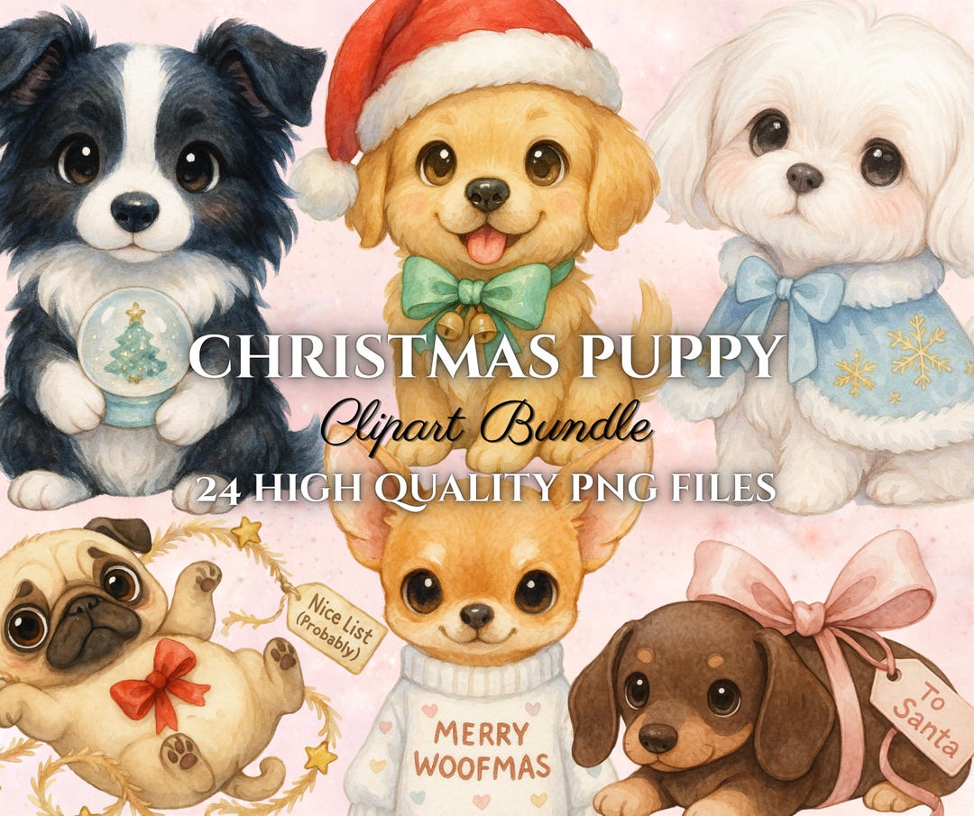 Christmas Puppy Clipart Bundle: Watercolor Holiday Dog PNG Set (digital ...