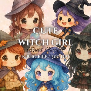 Clipart de bruja kawaii: Paquete PNG de Halloween (descarga digital)