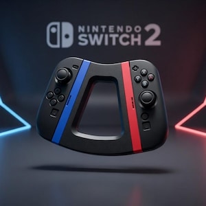Könnte beinhalten: Schwarzer Nintendo Switch 2 Controller mit blauen und roten Akzenten. Der Controller hat ein einzigartiges Design mit einer zentralen Öffnung und verfügt über Tasten, Joysticks und das Nintendo-Logo.
