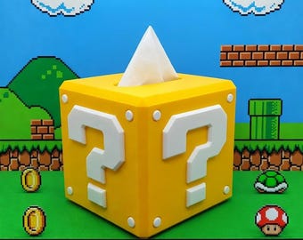 Caja Pañuelos Bloque Interrogación - Decoración Escritorio Mario - Dispensador 3D Cuadrado - Regalo Gamer Nintendo - Arte Pop