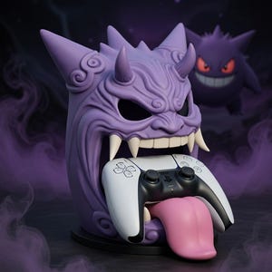 Può includere: Un supporto per controller viola stilizzato a tema personaggio, con un controller bianco e nero in bocca. Il supporto ha denti affilati, corna e una lunga lingua rosa. Un secondo personaggio è visibile sullo sfondo.