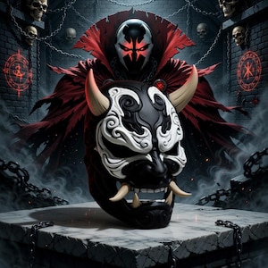 Könnte beinhalten: Eine schwarz-weiße Oni-Maske mit gebogenen Hörnern und einem bedrohlichen Ausdruck. Die Maske befindet sich vor dem Hintergrund einer Figur in einem roten Umhang, Schädeln und Ketten, was eine dunkle, gotische Ästhetik erzeugt.