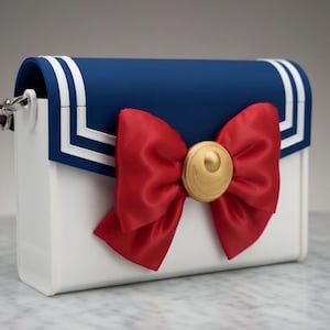 Può includere: Borsa bianca con parte superiore blu navy con due strisce bianche. Un grande fiocco rosso con un centro dorato adorna la parte anteriore. La borsa ha una tracolla a catena argentata.