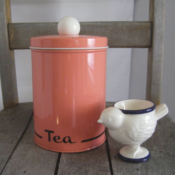 Retro pink canister with white ball top by JK Industries vintage kitchen