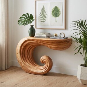 Rzeźbiony stół z drewna, niestandardowy rustykalny stolik konsolowy do przedpokoju, ręcznie robiony stół z litego drewna z naturalną krawędzią