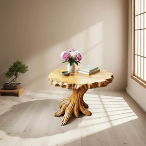 May include: A unique, handcrafted wooden table with a tree trunk base and a round, live-edge top. The table is adorned with a vase of pink and white flowers, a small bowl, and two books. A bonsai tree sits nearby.