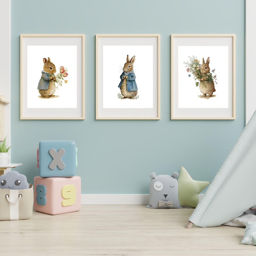 Bunny Nursery Wall Art Set of 3, Cute Rabbit Canvas Prints for Kids ...