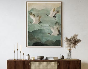 Japandi Flying Cranes Canvas Wall Art: Serene Asian Wall Print, Home Decor