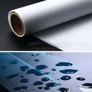 May include: A roll of white canvas material, ideal for art projects, is shown in the top half of the image. The bottom half displays a close-up of the canvas with water droplets, demonstrating its waterproof properties. The canvas is rolled around a brown cardboard core.