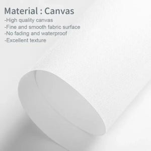 May include: Close-up of a white canvas material with the text "Material: Canvas". The text lists features such as high quality, fine and smooth fabric, no fading, waterproof, and excellent texture.