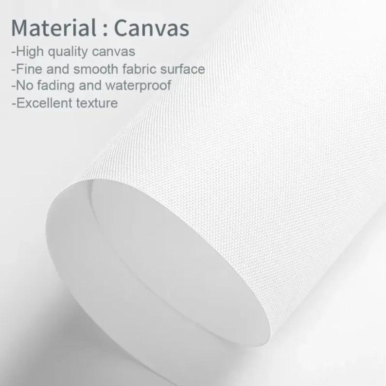 May include: Close-up of a white canvas material with the text "Material: Canvas". The text lists features such as high quality, fine and smooth fabric, no fading, waterproof, and excellent texture.