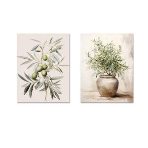 May include: Two watercolor prints featuring olive branches. One print shows a branch with green olives and long, slender leaves. The other print depicts a vase filled with olive branches and green olives, set against a neutral background.
