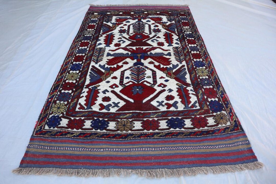 3.10x6.2 Ft Vintage Afghan Baluchi Prayer Rug Ivory Red Navy Tree-of ...