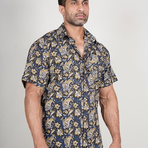 Hand Block Printed Cotton Shirt – Floral Paisley, Navy & Mustard
