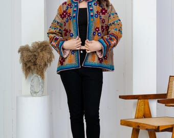 Handmade Velvet Suzani Jacket: Artisan Embroidered Floral Coat