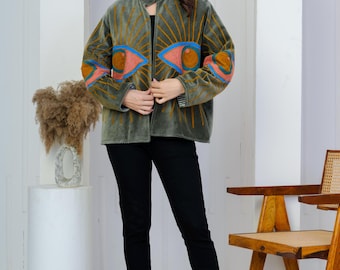 Hand-Painted Evil Eye Velvet Jacket, Suzani Embroidered Bohemian Coat