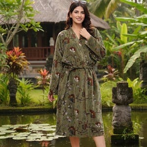 Floral Olive Green Velvet Kimono | Floral Printed Loungewear Robe | Soft & Elegant