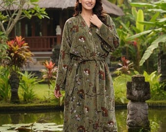 Floral Olive Green Velvet Kimono | Floral Printed Loungewear Robe | Soft & Elegant