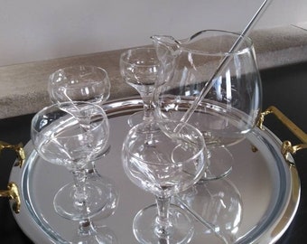 Vintage Martini Cocktail Set,Brandy Snifter with Pour Spout and 4 MCM Coupe Cocktail Glasses,Glass Swizzle stick Stirrer, Bar Cart Accessory