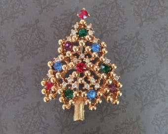 Vintage Eisenberg Christmas Tree Brooch, Jewel Tone Swarovski Rhinestones Signed.