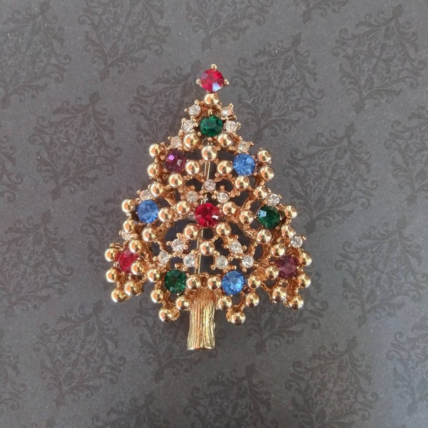 Vintage Eisenberg Christmas Tree Brooch, Jewel Tone Swarovski Rhinestones Signed.