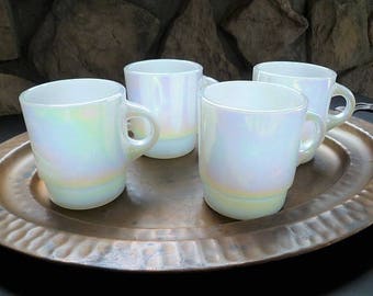 Fire King Anchor Hocking Coffee Mugs, Set of 4, Aurora C Handle, Iridescent White Milk Glass, Pearl Lustre, Opal