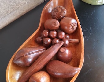 Mid Century Modern Wood Fruit Bowl Centerpiece Wooden Fruit with Curved Sculpted Low Bowl