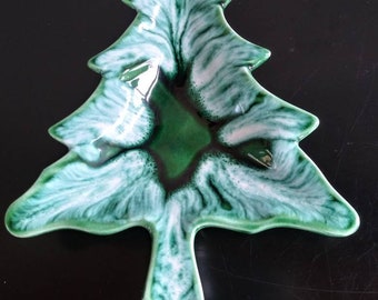 Vintage Christmas Tree Candy/Nut Dish,Hand Drip Glazed Green and Aqua Ceramic Christmas Decoration
