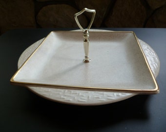 Mid Century Vintage Serving Tray California Pottery USA Tan Speckleware with Gold  Handle and Accents