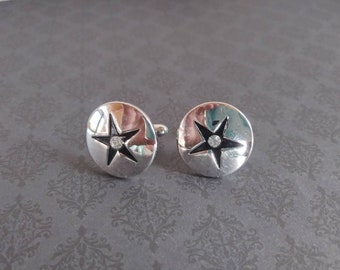 Vintage Swank Cufflinks with Black Enamel Star and Rhinestone Accent, Silvertone Wedding Cufflinks, Signed Cufflinks