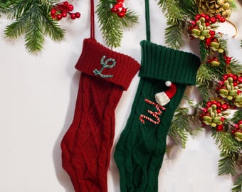 Chaussette de Noël tricotée brodée personnalisée, nom personnalisé